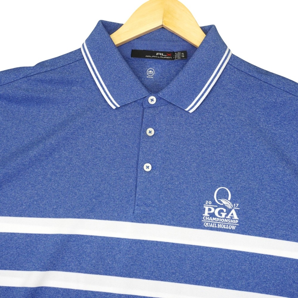 RLX Ralph Lauren Polo Shirt Men XL Blue White Striped 2017 PGA Quail Hollow Golf